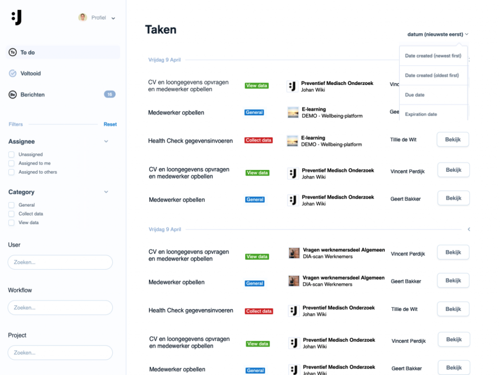 Example mockup of the task overview in the new professional dashboard.